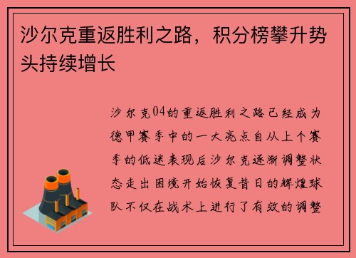 沙尔克重返胜利之路,积分榜攀升势头持续增长 沙尔克重返胜利之路,积分榜攀升势头持续增长