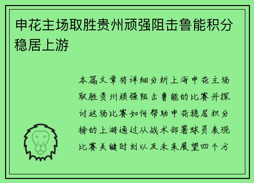 申花主场取胜贵州顽强阻击鲁能积分稳居上游